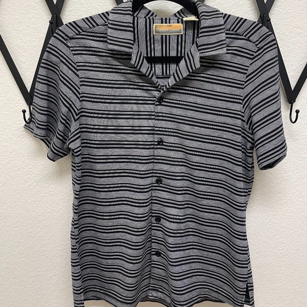 Bobby Chan Men's lrg  casual black/grey striped short sleeve, button down shirt